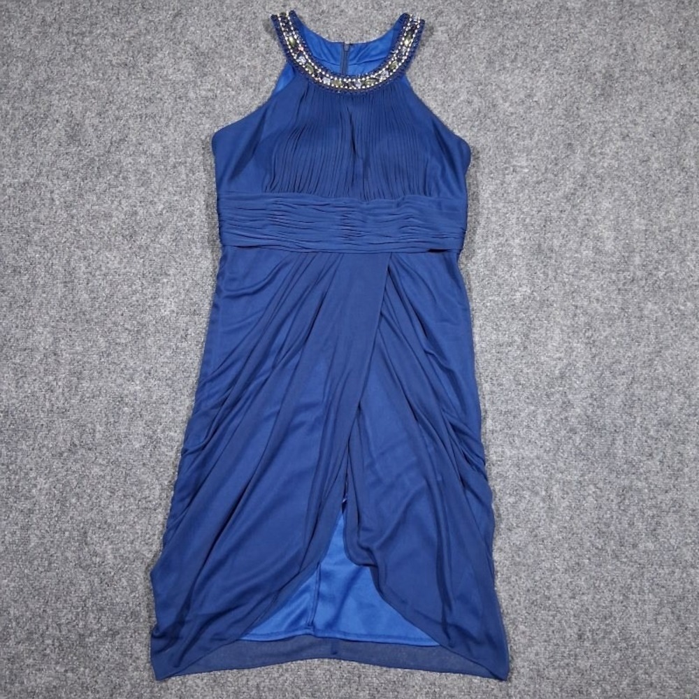 XSCAPE Joanna Chen Royal Blue‎ Beaded Halter Cocktail Dress Size 12 X5667